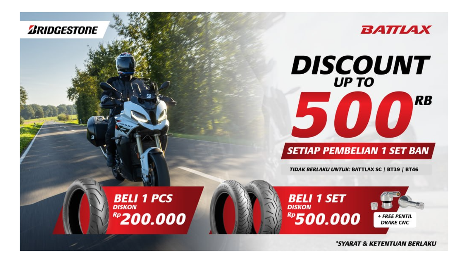 Diskon hingga 500 ribu rupiah pembelian set ban Battlax